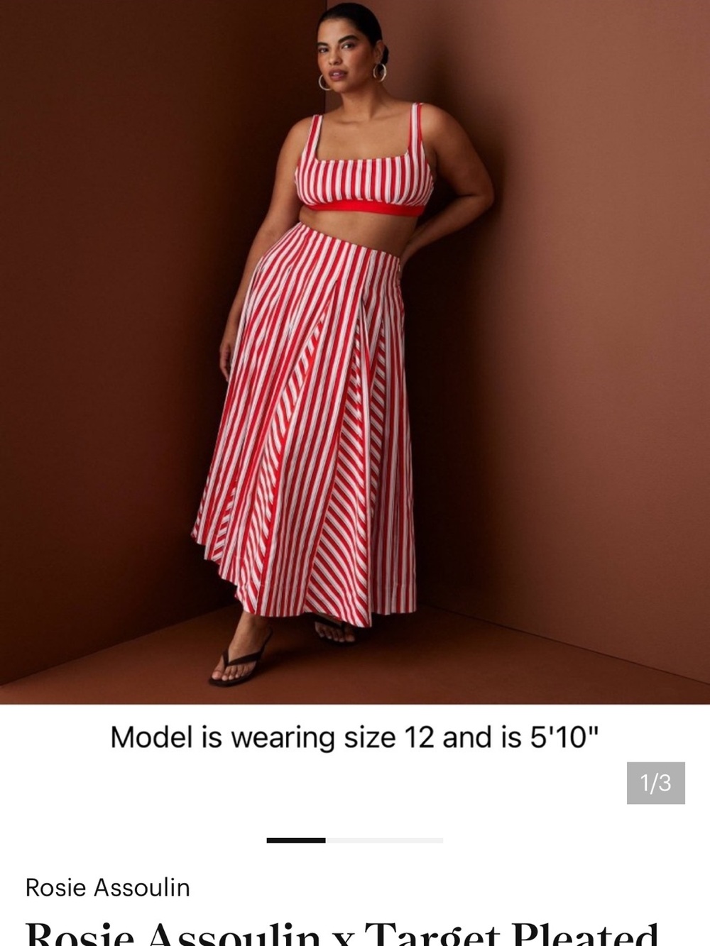 Rosie Assoulin Red and White Striped Pleated Midi Skirt SIZE 8